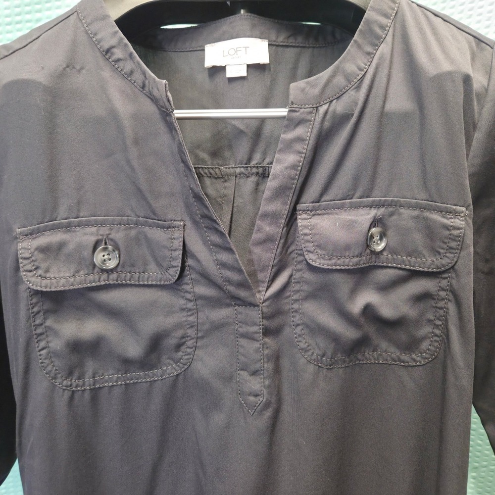 Loft Outlet Shirt Dress Womens Small Black Woven Utility Roll Tab Sleeve Shift